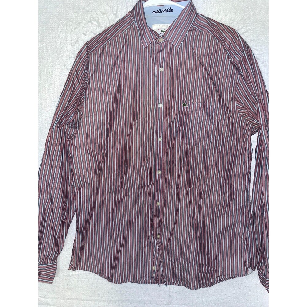 Lacoste Mens Button Up Shirt 42 Large Red Blue Striped Long Sleeve 100% Cotton